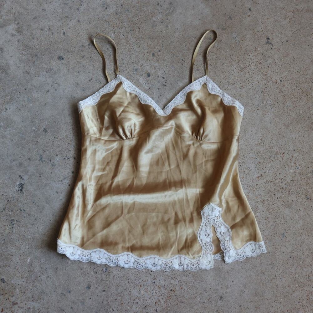 Vintage Y2K One Step Up Champagne Satin Lace Cami Top Gold Slip Tank Size M
